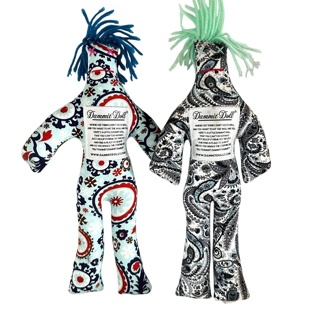 Set of 2 Dammit Doll Stress Relief Gift Paisley Patterns Blue Black White 12"